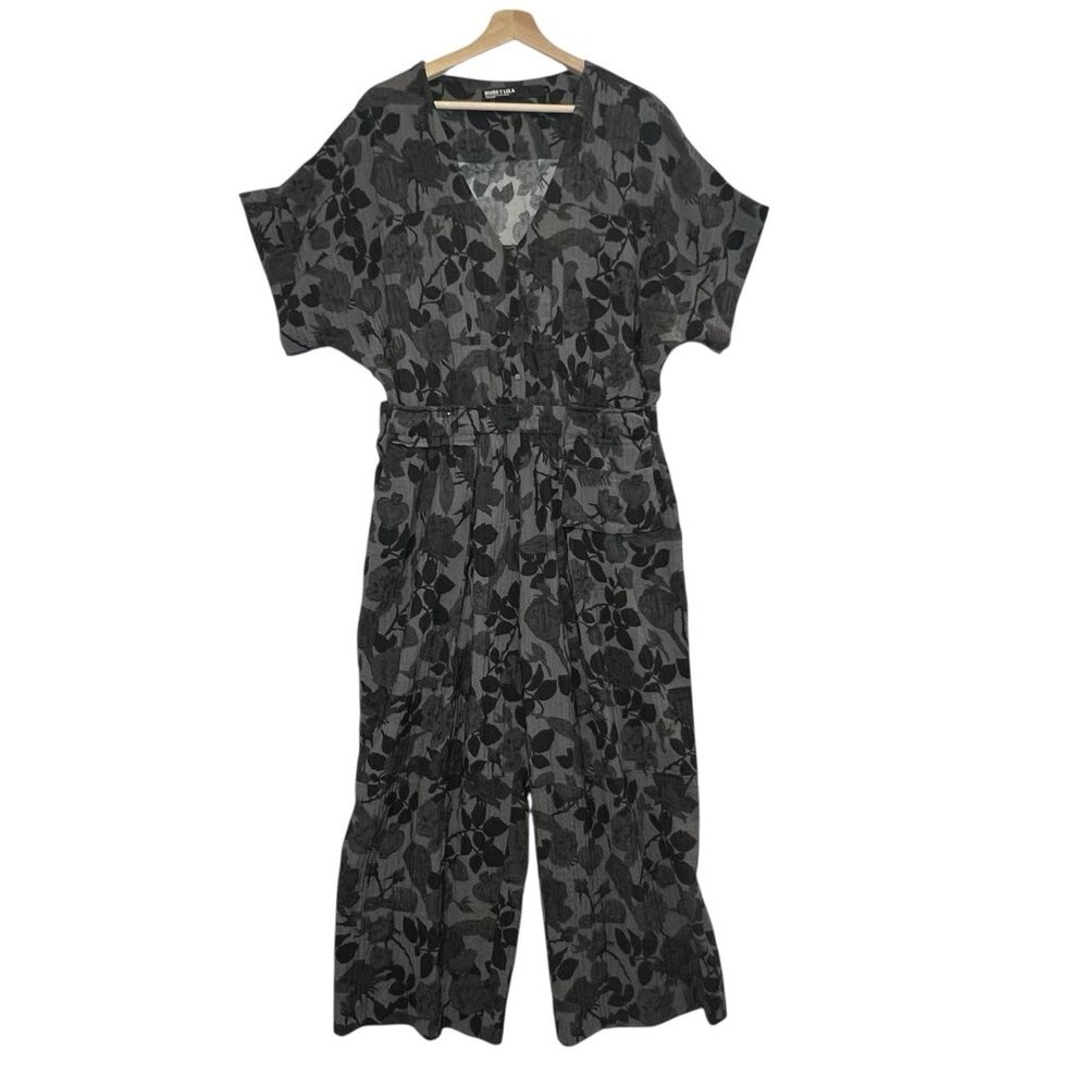 BIMBA Y LOLA WIDE LEG JUMPSUIT Large Size Gray Short Sleeves Elastic Waist Vneck - Picture 5 of 16